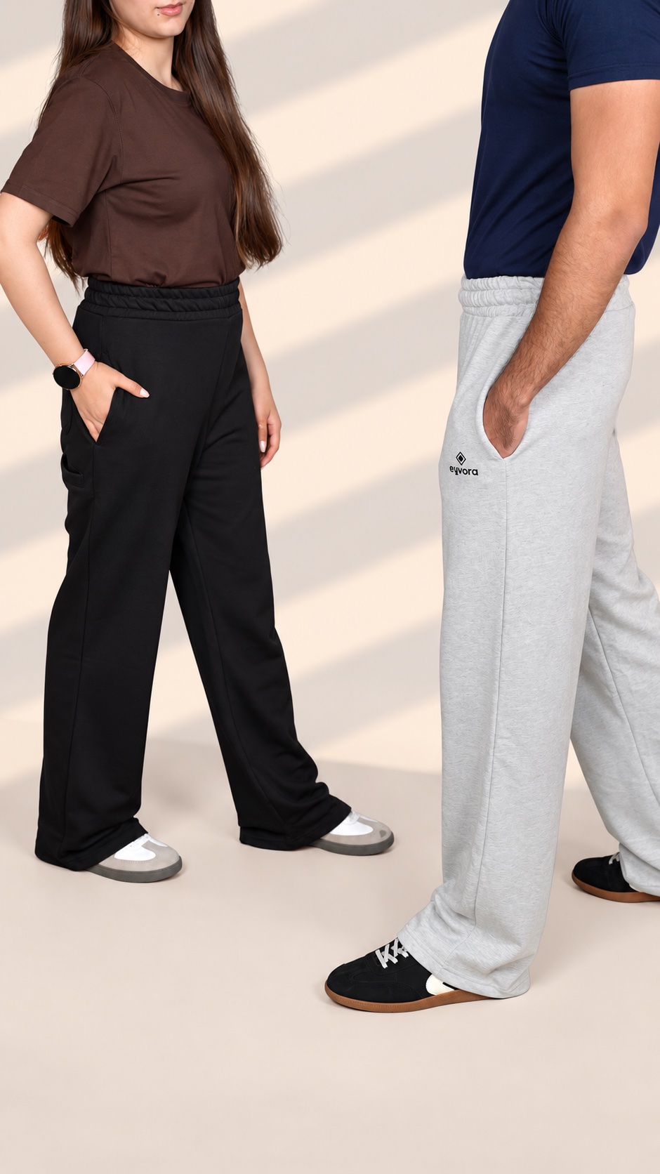 Couple contrast trousers — side view